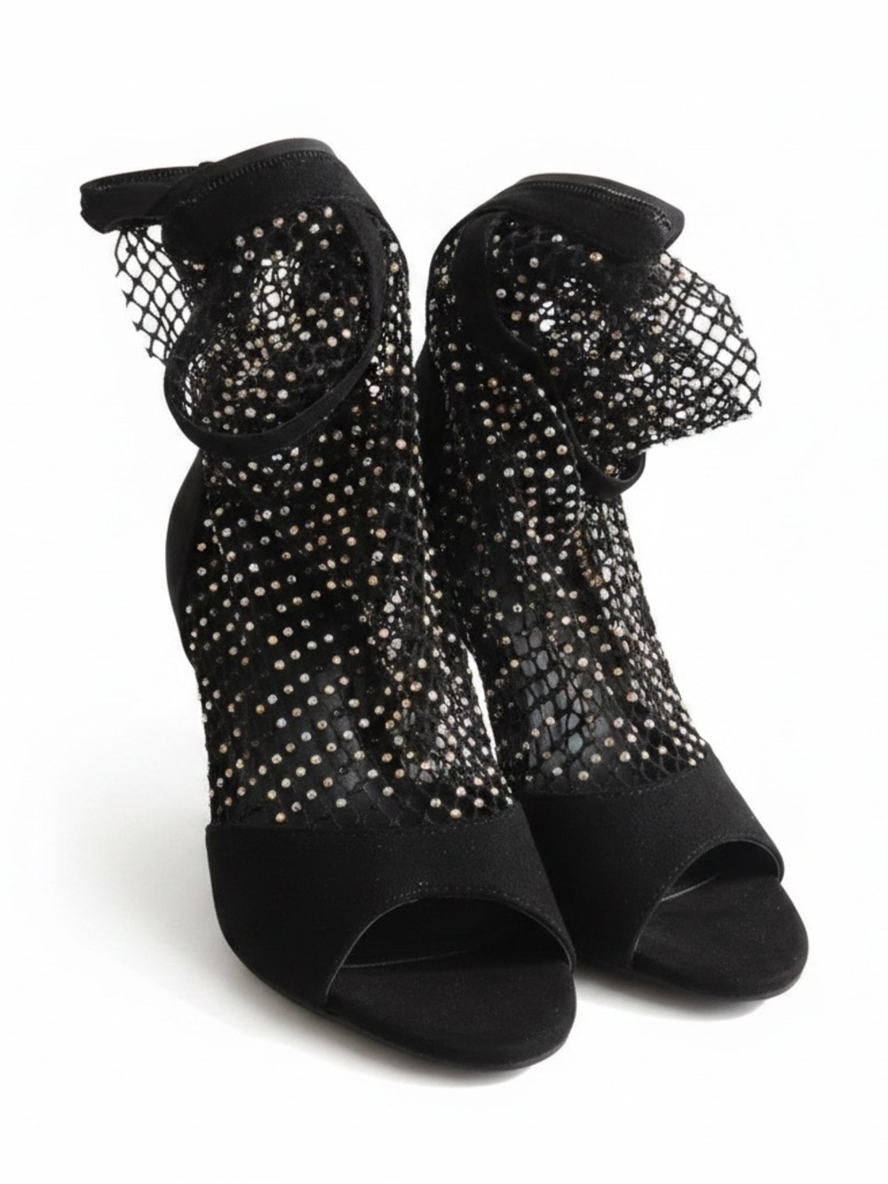 Black Rhinestone Mesh Peep-Toe Ankle Heels